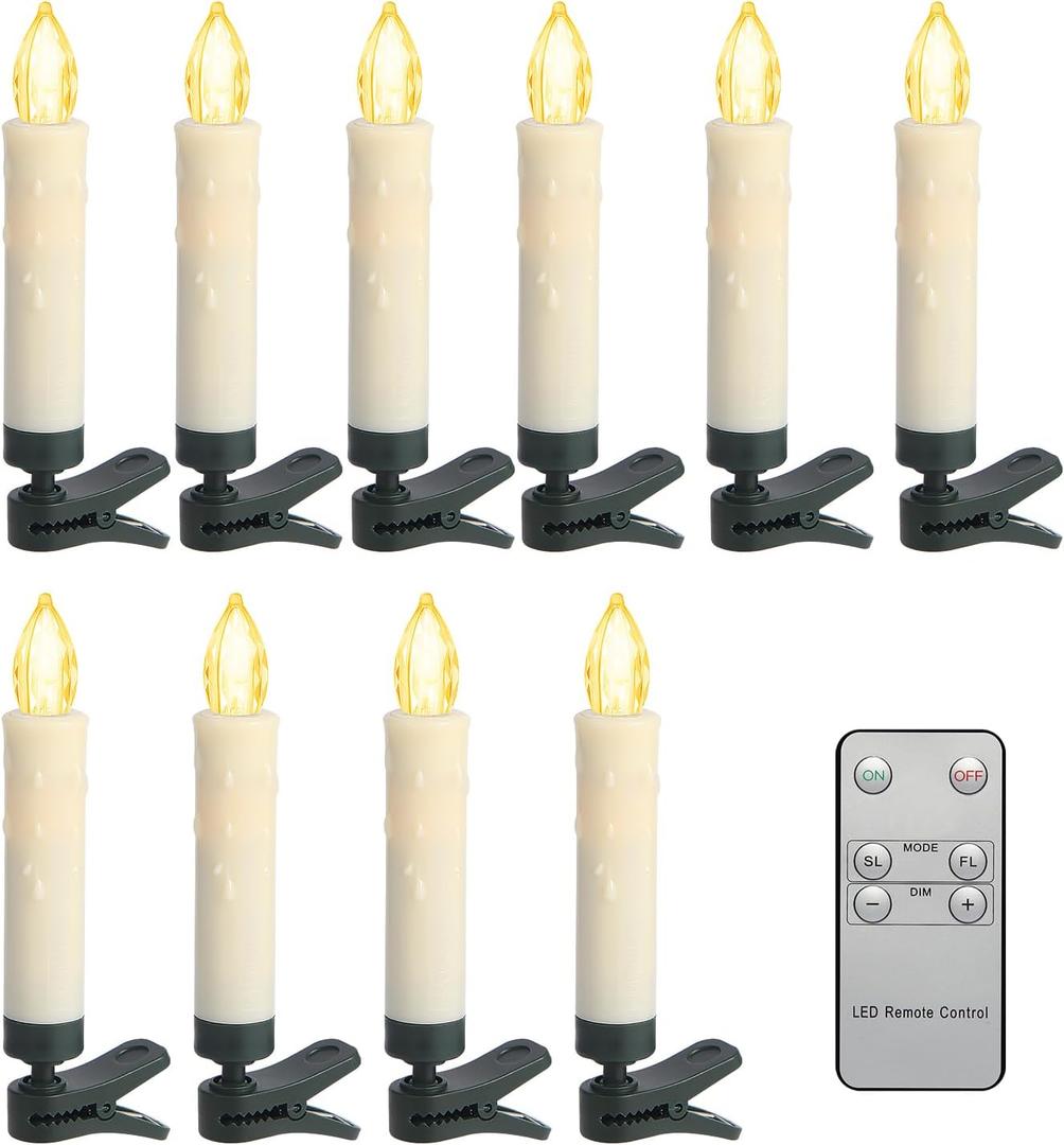 Flameless LED Taper Clips on Candles Battery Operated Christmas Tree Candle Lights Electric Fake Candles with Remote Timer Perfect for Holiday Home Garden Wedding Parties Decor 10pcs