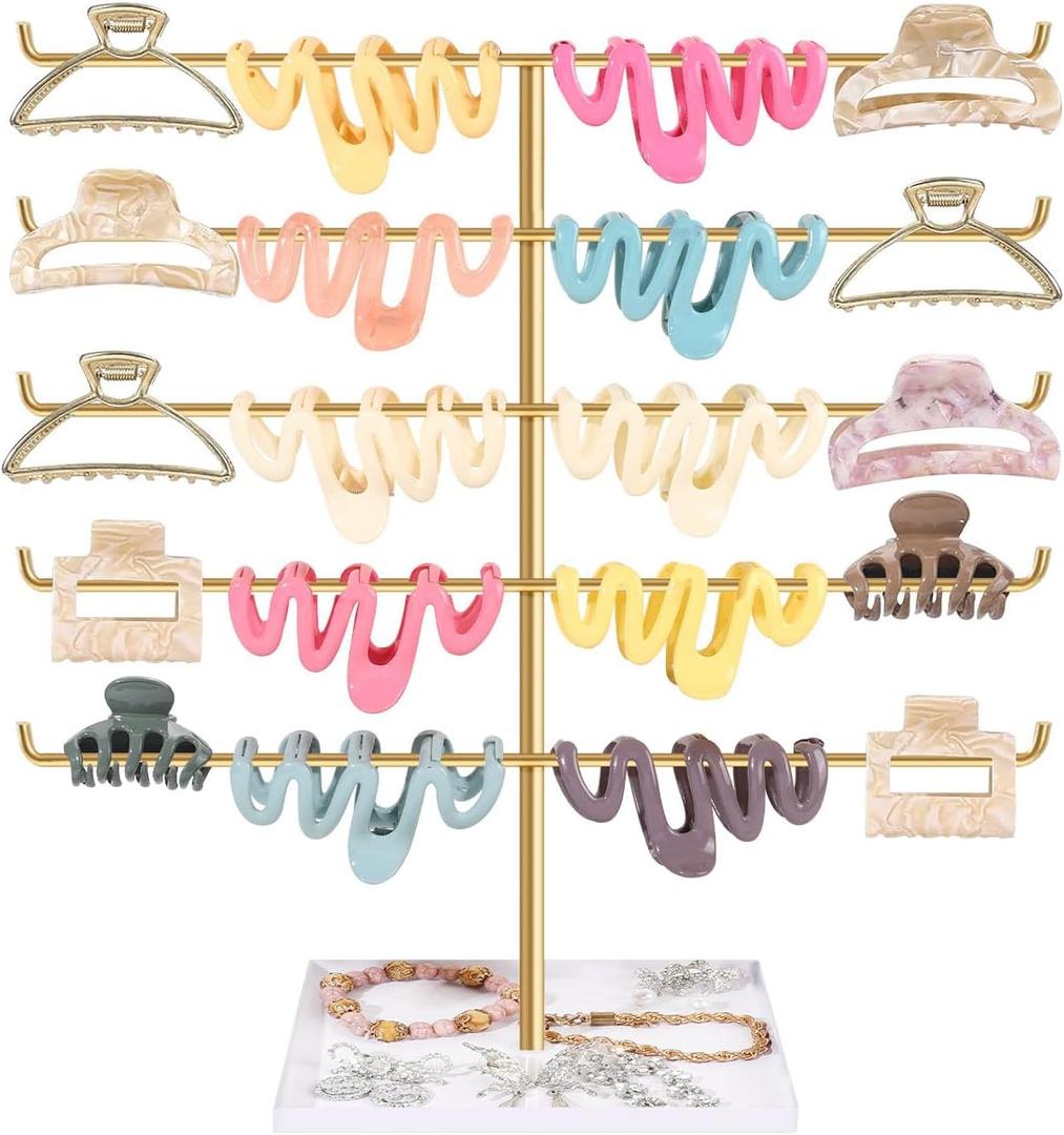 SNOWSTAR Hair Claw Clip Holder Organizer - 5 Tier Claw Clips Storage Display with Metal Tray, Hair Clip Holder Desktop Stand for Women Girls