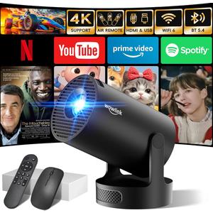 [Built-in Apps & 2025 Upgraded] Mini Projector with WiFi 6 and Bluetooth 5.4 Support 4K 1080P Auto Keystone 180 Rotatable Projector Portable Compatibile with HDMI/TV Stick/Memory Stick/Laptop, Black
