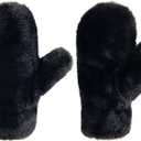 Women Girls Winter Faux Fur Mittens Plush Full Fingers Mittens Warm Gloves Ski Hiking Cycling Gloves Furry Mitten (Black)