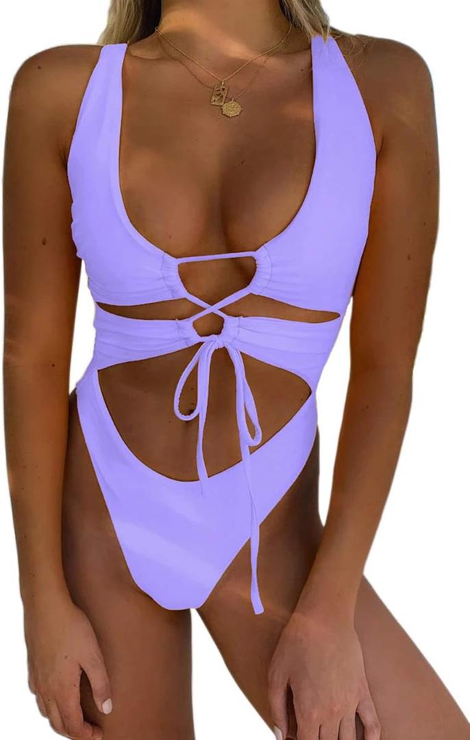 CHYRII Women's Sexy Cutout Lace Up Backless High Cut One Piece Swimsuit Monokini (Large, Lavender)