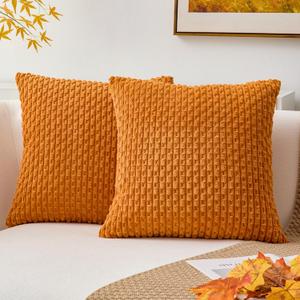 Kevin Textile Fall Throw Pillow Covers Soft Corduroy Decorative Set of 2 Boho Striped Pillow Covers Pillowcases Farmhouse Home Decor for Couch Bed Sofa Living Room 16x16 Inch Orange Yellow