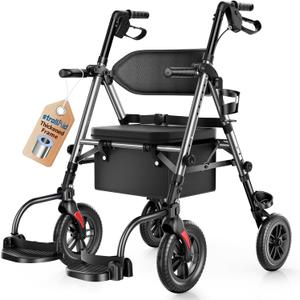 Walkers for Seniors, 2 in 1 Rollator Wheelchairs Combo 10" Big Wheels Walker with Seat, Rollator Transport Chair with Brakes Folding Rolling Walker for Adults, Grey
