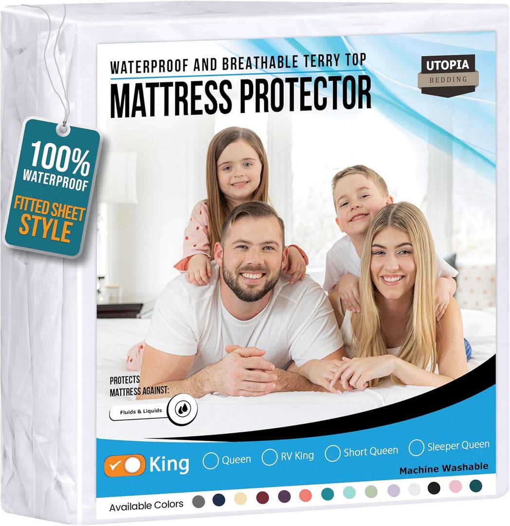 Utopia Bedding Waterproof Mattress Protector King Size, Premium 200 GSM Terry Mattress Cover, Soft & Breathable Bed Cover, Fitted Sheet Style with Stretchable Deep Pockets 17" (White)