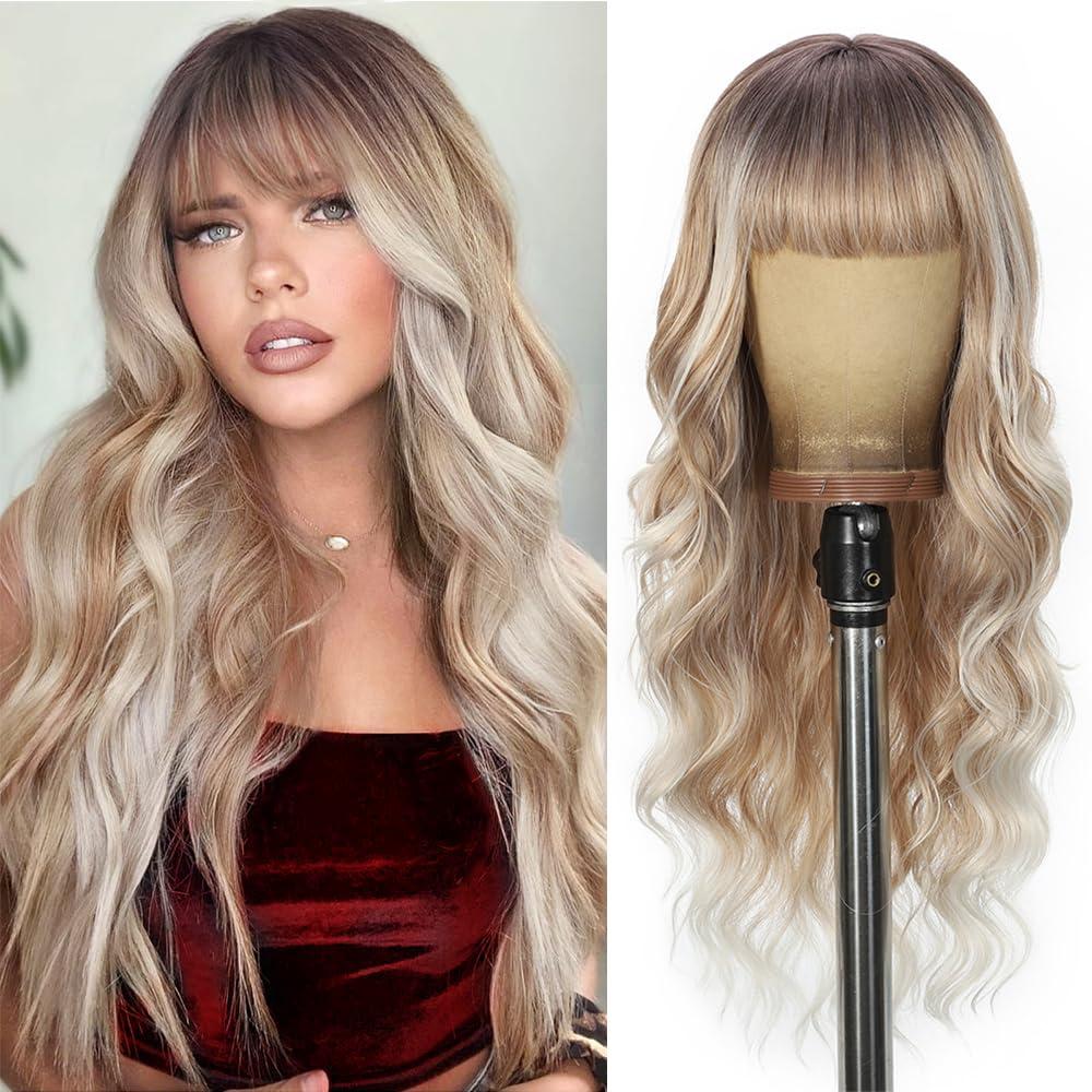 Ombre Blonde Wigs with Bangs Long curly wavy Wig highlight platinum blonde Wig for Women Natural Synthetic Wigs for Daily Party Use 26IN(highlight platinum blonde)