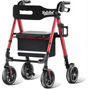 Walkers for Seniors Taller 5.3~7ft, Lightweight Foldable Rollator Walker, Built in Cable, Reinforced Aluminum Frame, 8" Big Rubber Wheels for All Terrain, 350lb Weight Capacity, Burgundy