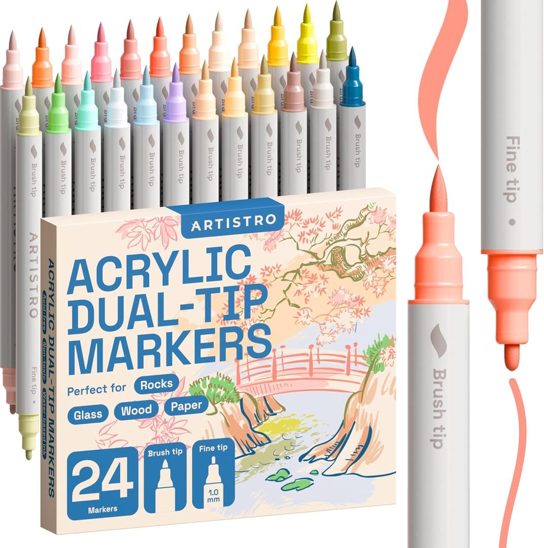 ARTISTRO 23 Pastel Dual-Tip Acrylic Paint Markers - Brush + Fine Tip Combo - Multi-Surface Paint Pens in Soft Colors