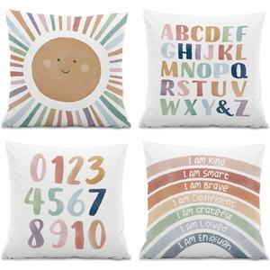 Kids Playroom Decor,Boho Sun Alphabet Throw Pillow Covers,Kids Reading Nook Decor Pillowcase for Classroom Playroom Nursery,18x18 Inch Pillowcase, Set of 4