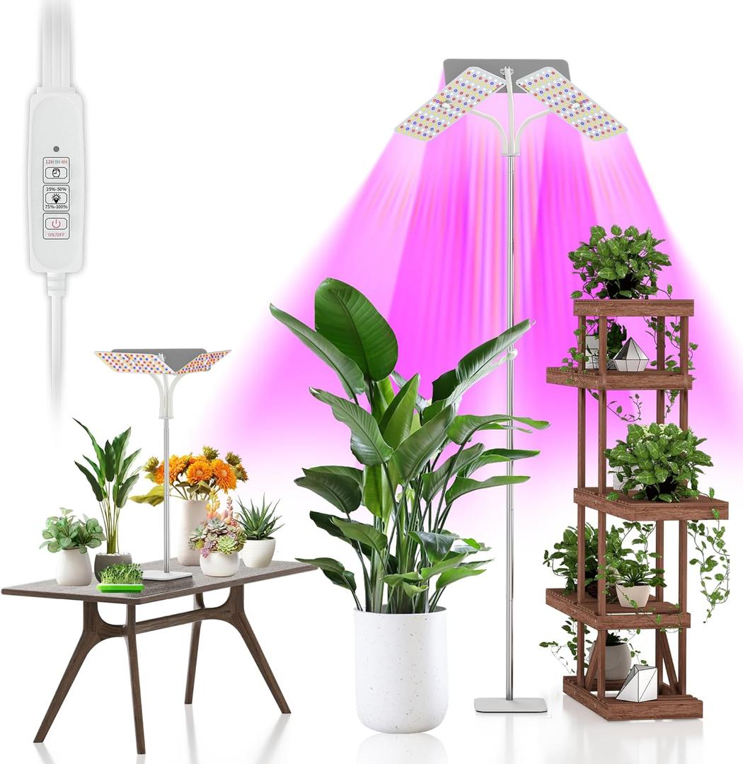 KINGPLUS Grow Lights with Stand, Three Heads, Full Spectrum LED Grow Light for Indoor Plants, 360 Leds, 4 Dimmable Levels, Timer 4/8/12h, 1260inches Height Adjustable, 48w, Ideal for Desk Small Plant
