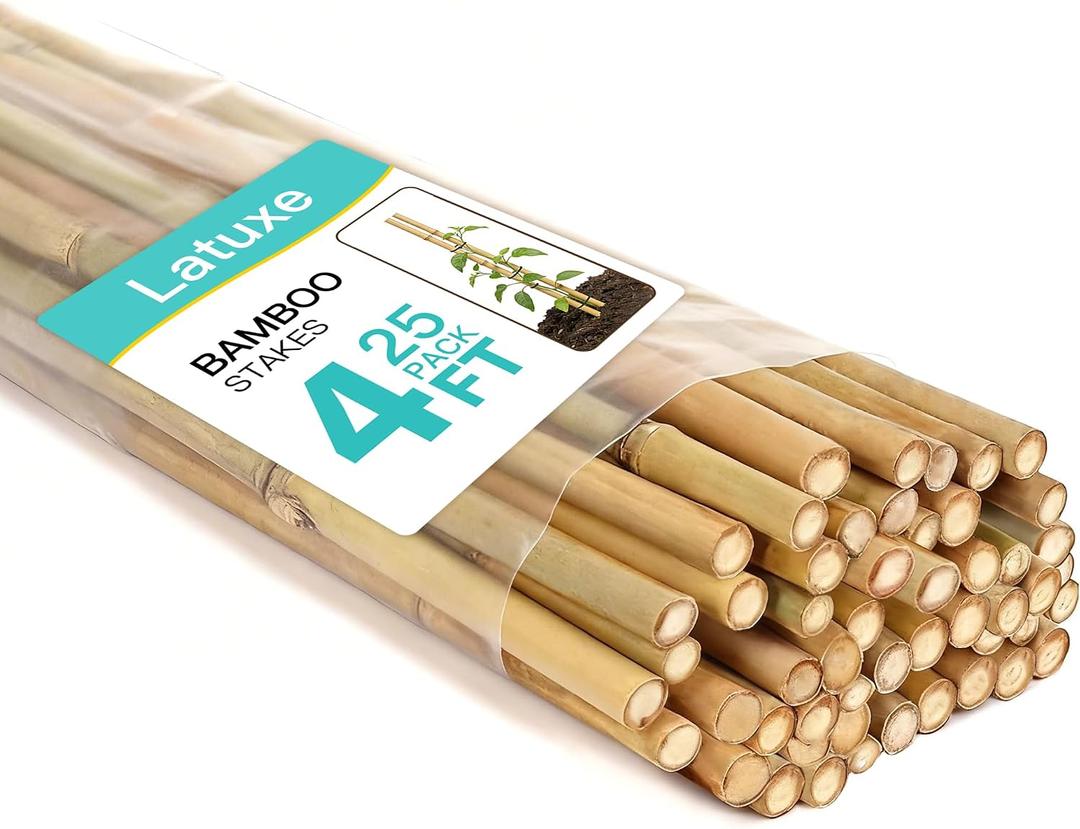 Bamboo Stakes 4FT, 25pcs Plant Stakes, Garden Stakes Specifically Designed for Climbing Plants, Ideal for Tomatoes, Beans, Cucumbers, Peppers, Vines, and More Plant Growth