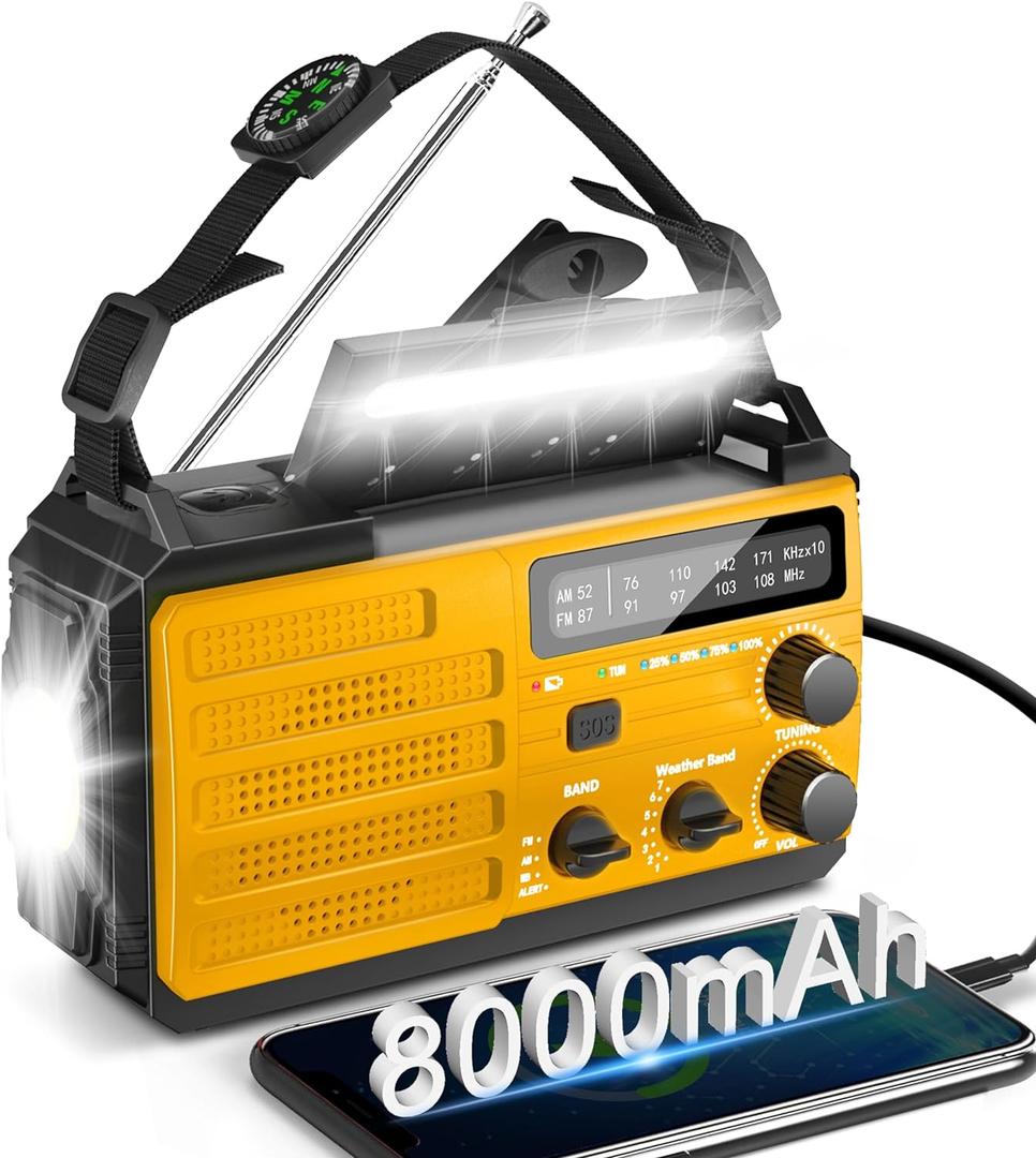 8000mAh Emergency Radio - Solar Hand Crank Emergency Radio with 3-Mode Flashlight, AM/FM/NOAA Battery Powered Radio with SOS Alarm & Compass for Power Outages Emergency Storm