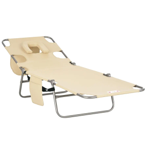 Outsunny Folding Beach Lounge Chair with Face Hole and Arm Slots, 5-Level Adjustable Sun Lounger Tanning Chair with Pillow for Patio, Garden, Beach, Pool, Beige