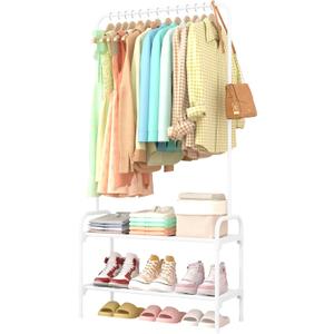 Sakugi Clothes Rack - Clothing Rack with 2-Tier Shoe Rack and Anti-Slip Stopper, Shoe Organizer for Entryway, Bedroom, or Laundry, White, 29"  12.2"  59.3"