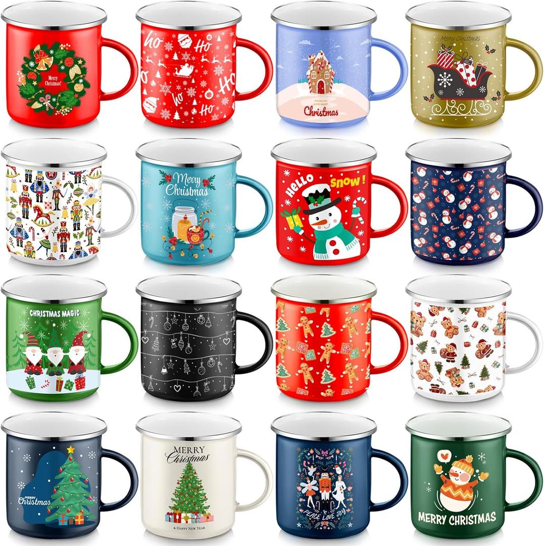 Sliner 16 Pcs Christmas Enamel Mugs, 12 oz Coffee Mugs Bulk Hot Chocolate Mug Set Cute Enamel Tea Cups Winter Holiday Christmas Employee Gift for Family Coworkers (Fashion Style)