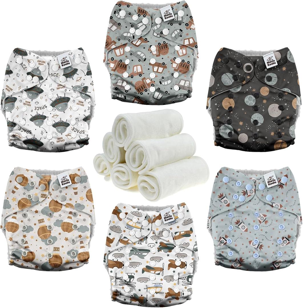 Mama Koala 3.0 Cloth Diapers for Babies with AWJ Lining, 6 Pack with 6 Natural Cloth Diaper Inserts - Reusable and Washable Pocket Diapers (Space Ranger)