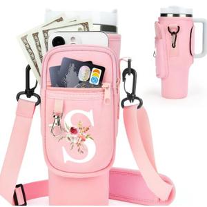Initial Water Bottle Holder with Strap for Stanley 40 oz Tumbler/Simple Modern 40 oz Tumbler,Water Bottle Carrier Bag with Strap,Personalized S Phone Pocket for Stanley Cup Accessories