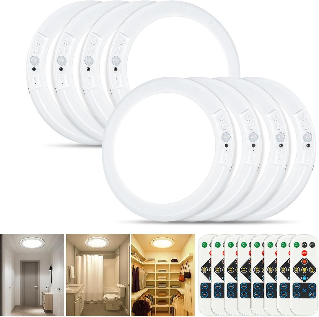 Rechargeable Ceiling Light, No Wiring Battery Operated Ceiling Lights with Remote, Motion Sensor Dimmable Timing Motion Activated Overhead Shower Light for Bathroom Pantry Hallway Porch (8), 8 Packs