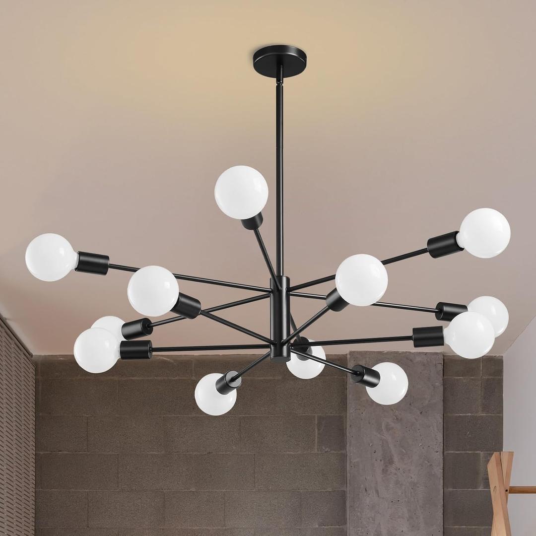 Modern Sputnik Chandeliers Light, 12-Light Black Chandeliers for Dining Room, E26 Height Adjustable Chandelier Ceiling Lighting Fixture for Farmhouse Kitchen Island Living Room Foyer