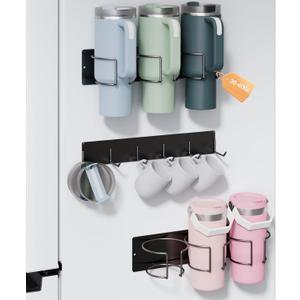 Magnetic Stanley Cup Holder with 6 Hook Rack, Tumbler Organizer for Fridge, Water Bottle Organizer for Stanley 30&40 oz, Stanley Cup Accessories for Kitchen Cabinet, 3 Pack Black