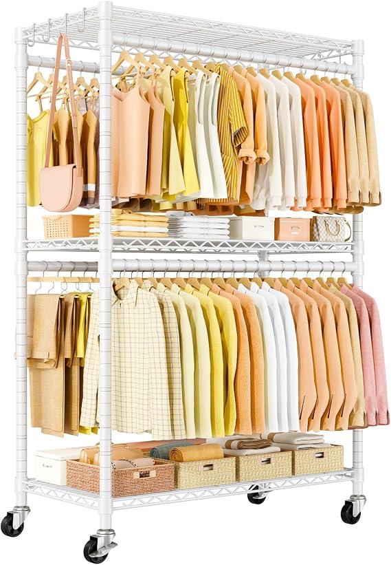 ULIFHOME P5 Plus Rolling Clothes Rack Heavy Duty, Clothing Racks for Hanging Clothes, Metal Garment Rack with Wheels, 3-Tier Portable Closet Rack 45'' W × 20.5'' D × 80.5'' H, Max Load 660 Lbs, White
