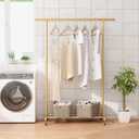 Industrial Pipe Clothing Rack, Heavy Duty Metal Clothes Rack With Wheels, Rolling Garment Rack with Bottom Shelf for Home Boutique Use (Gold)