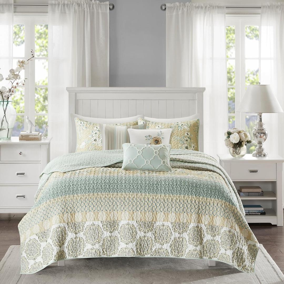 Madison Park 100% Cotton Quilt Set Floral Print, Double Sided Stitching, All Season, Lightweight Coverlet Shabby Chic Bedding Layer, Matching Shams, King/Cal King(104"x94"), Green Yellow 6 Piece