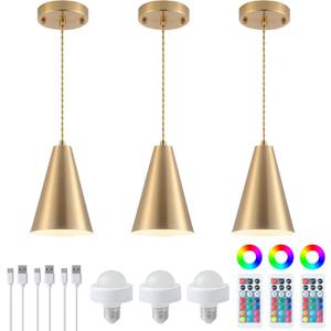 Dijiahua Gold Battery Operated Pendant Lights Kitchen Island 3 Pack with Remote Control,Wireless Rechargeable 12 Color Temperatures Led Lamp Fixtures with Brass Metal Shade, Modern Hanging Lighting