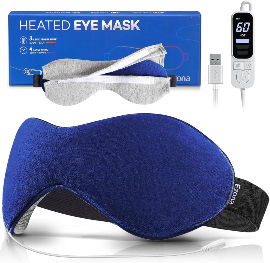 Ezona Heated Eye Mask, Warm Eye Compress Mask for Dry Eyes, USB Electric Eye Heating Pad with Temperature & Timer Control, Dry Eye Mask for Blepharitis, Sinus Migraine (Indigo)