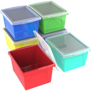 Storex 4 Gallon Storage Bin with Lid  Plastic Classroom Organizer for Books and Supplies, Assorted Colors, 6-Pack (61406A06C)