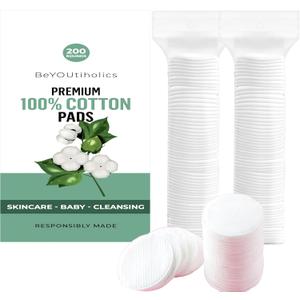 Premium 100% cotton pads, 200 rounds - Skincare, Baby, Cleansing, Gentle & soft, Hypoallergenic, Extra absorbent & Lint free.
