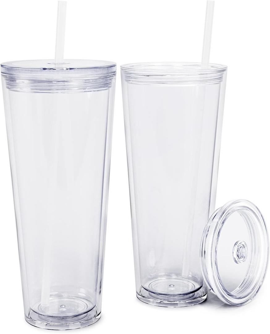 Maars Classic Acrylic Tumbler with Lid and Straw | 32oz Premium Insulated Iced Coffee Cups, Double Wall Reusable Plastic Cups - Clear, 2 Pack