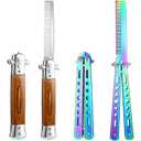 Chengu 2 Pieces Wood Grain Switchblade Blade Pocket Hair Brush Comb Automatic Push Button Brush and Folding Butterfly Stainless Steel Training Practice Comb Outdoor(Iridescent)