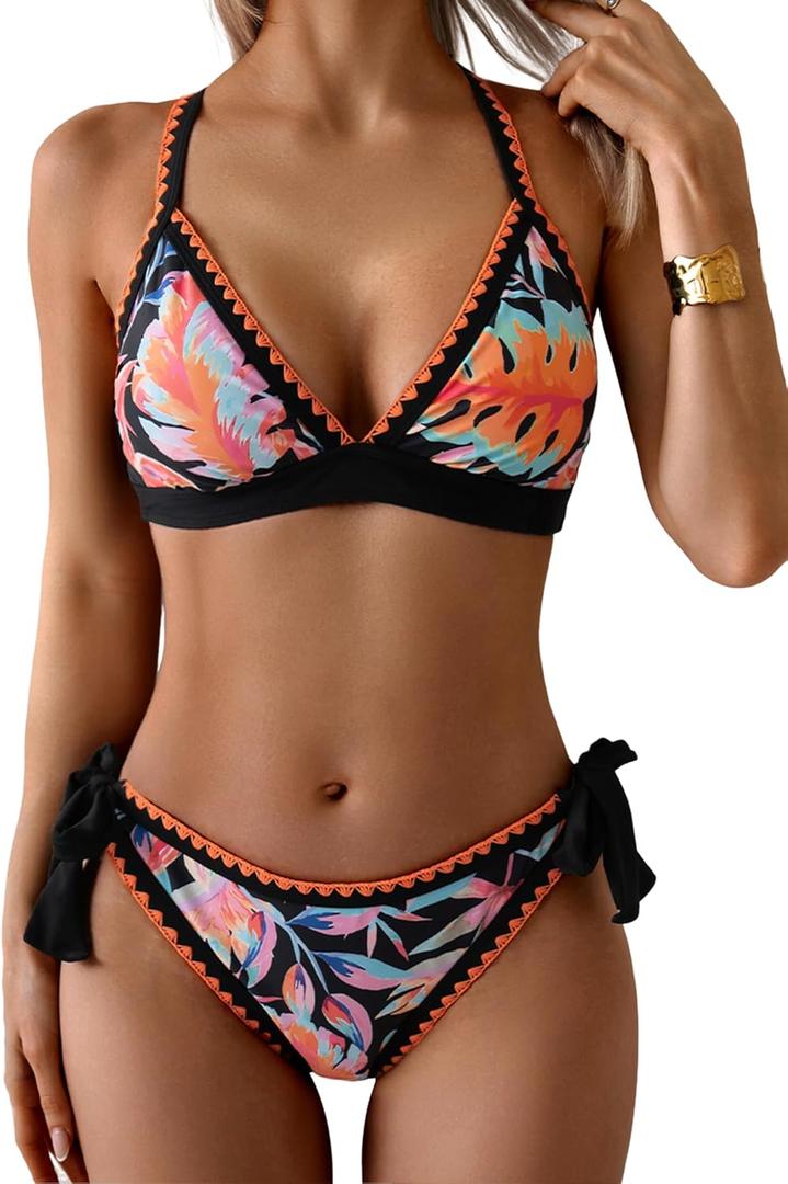 Bikini Sets for Women Floral Two Piece Bathing Suit V Neck Shell Stitched Swimsuit Tie Side Triangle Swimwear (Medium, Pink Leaf Print)