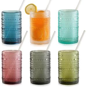 KMIGRUAN 15oz Colored Hobnail Drinking Glasses Set of 6,Vintage Kitchen Glassware, Embossed Beaded Glass Cups,Water Tumbler for Cocktail,Juice and Various Mixed Drinks