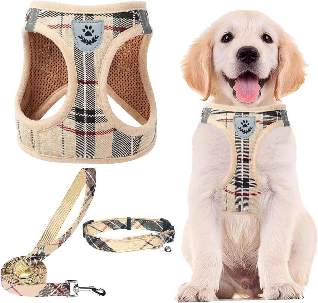 PUPTECK Adjustable Pet Harness Collar &Leash Set Step in for Small Dogs Puppy &Cats Outdoor Training &Running, Soft Mesh Padded Reflective Vest Harness,M: Chest girth: 16-18in Collar: 11.8-15.7in (Beige)
