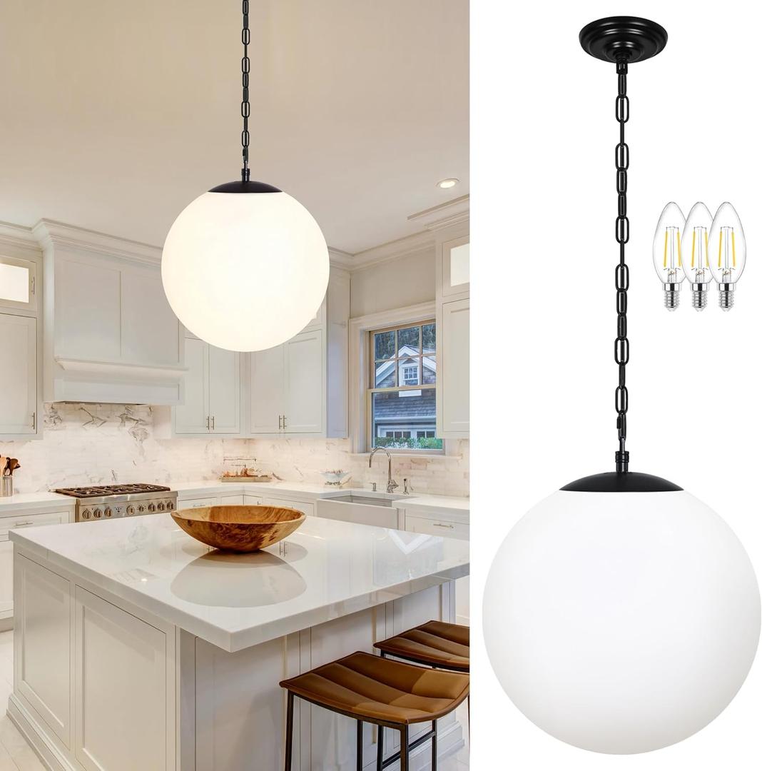 KoKo&Yukina 14" Black Globe Pendant Light Mid Century Pendant Light Milk Glass Pendant Lights Kitchen Island Adjustable Hanging Light Fixture for Dining Room Bedroom Kitchen Island