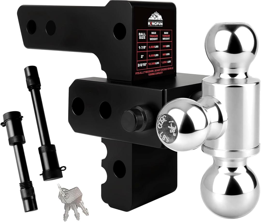 Kingfun Adjustable Trailer Hitch - Fits 2 Inch Receiver, Tri-Ball (1-7/8" X 2" X 2-5/16") 6-Inch Rise/Drop Hitch, 12500 Lbs Gtw Heavy Duty Aluminum Truck Tow Hitch with Anti-Theft Pins (Black)