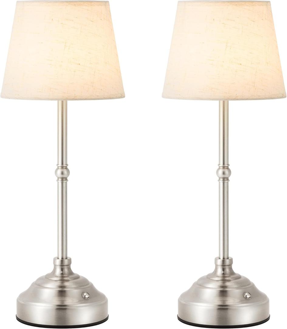 2 Pack Cordless Table Lamp, Rechargeable Desk Lamp with Fabric Shade, Battery Operated Lamp 3 Color Stepless Dimming, Small Touch Bedside Lamp Home Decor for Dining, Counter (Brushed Sliver)