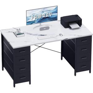 Pamray 47 Inch Computer Desk with 8 Fabric Drawers PC Gaming Desk Home Office Study Work Writing Table for Bedroom Marble