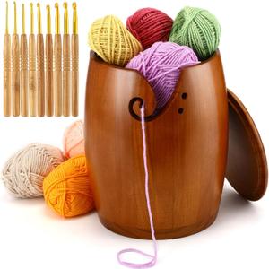 Giegxin Large Wooden Yarn Bowl with Lid 7 x7 x9 Yarn Holder for Knitting Craft Pine Wool Storage with 9 Pcs Crochet Hooks Handmade Crochet Kit Organizer Accessories for Ribbon String