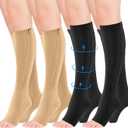 4 Pairs Zipper Compression Socks for Women & Men,15-20 mmHg Medical Open Toe Knee High Support Socks, Easy Wear, Elastic & Comfortable, for Fitness, Flight, Running Marathon (XXL, Nude+Black)