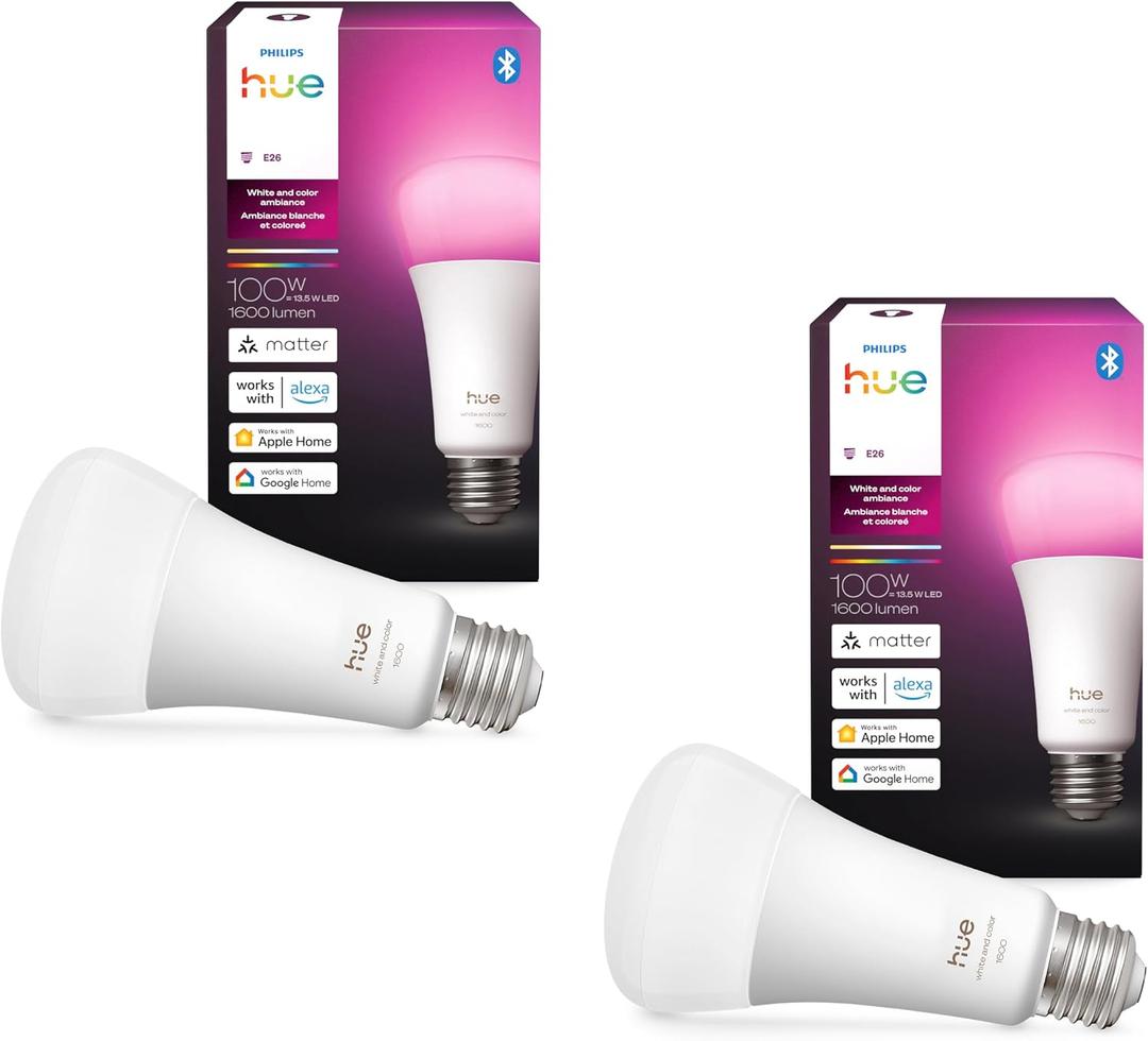 Philips Hue Smart LED A21 Bulb, White and Color Ambiance, E26 Base,13.5W, Full Spectrum Light 1000K-20000K,1600 Lumens, Dimmable, Compatible with Alexa, Google, Apple Home, 2pk