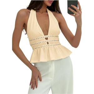 Women's Country Concert Outfits Rivet Backless Going Out Tops Ruffle Sleeveless Sexy Halter Tops Rave Outfits
