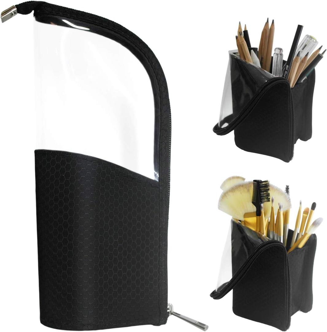 ANEMEL Black Travel Makeup Brush Holder, Organizer Bag Cosmetic Zipper Pouch Portable Dust-Free Stand-Up Toiletry Stationery