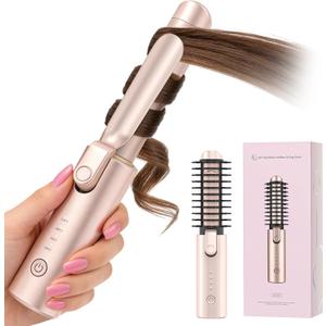 Cordless Hair Curling Iron Brush, 3-in-1 Portable Hair Curler for Travel, 7000mAh USB Rechargeable Straightener Wand, 200 Million Negative Ions, Mini Curling Tool with Safety Lock, Pink