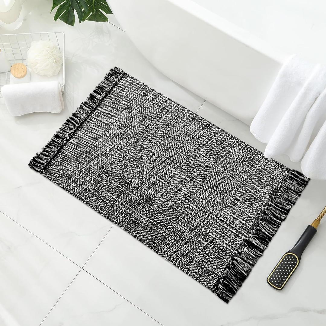 MitoVilla Black Boho Bathroom Small Rug 2'x3', Black White Cotton Woven Throw Rugs for Living Room, Modern Farmhouse Washable Kitchen Rugs, Area Rugs Floor Mat with Tassel for Entryway, Hallways (1'11" x 2'11" (Runner))