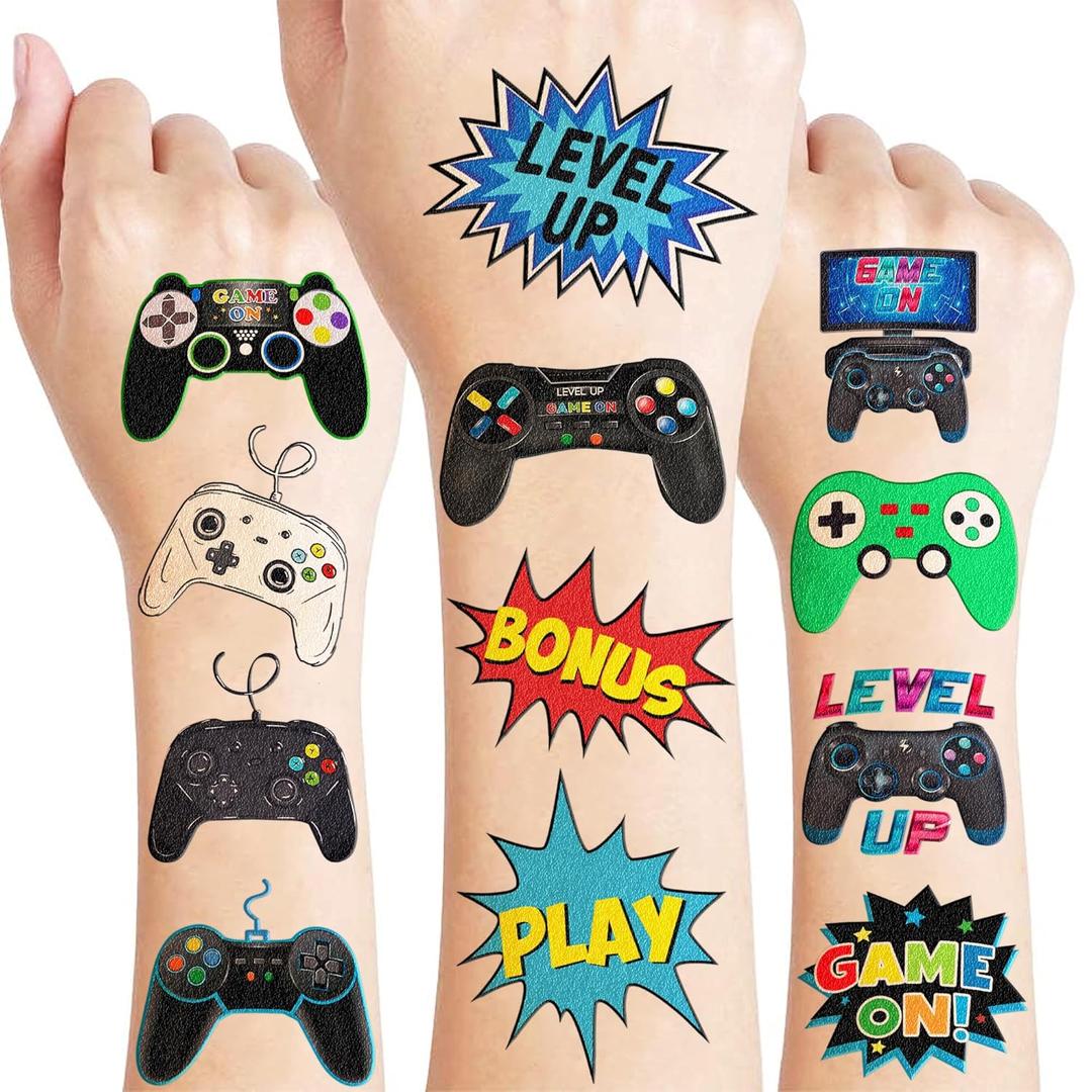 96 PCS Game Pre-Cut Temporary Tattoos Themed for Kids Birthday Party Decorations Supplies Favors Decor Super Cute Tattoo Stickers Sticker 8 Sheets Gifts for Boys Girls Games Classroom Rewards Carnival (Green)