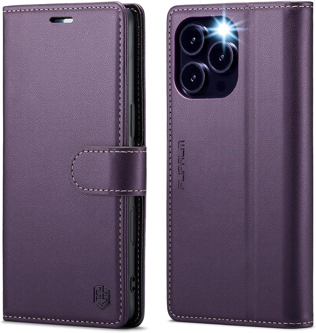 FLIPALM Wallet Case for iPhone 15 Series, RFID Blocking Credit Card Holder, PU Leather Folio Flip Kickstand Protective Shockproof Cover for Apple 15 Series (Purple, iPhone 15 Pro - 6.1")