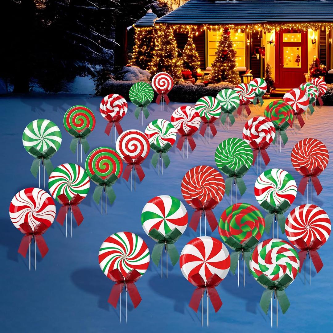 30 Pcs Christmas Outdoor Yard Signs Candy Decorations Outdoor Christmas Decorations Xmas Yard Lollipop Candy Hanging Ornaments Stakes Holiday Garden Sign Cardboard for Party Porch Lawn Walkway Decor