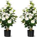 [2-Pack] 37 Artificial Camellia Tree with White Flowers, Faux Potted Plant for Indoor & Outdoor Decor, Lifelike Greenery for Home, Office, Porch, or Patio (White)